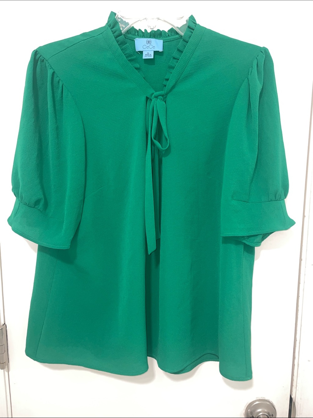 CeCe Emerald Green Tie-Neck Puff Sleeve Blouse